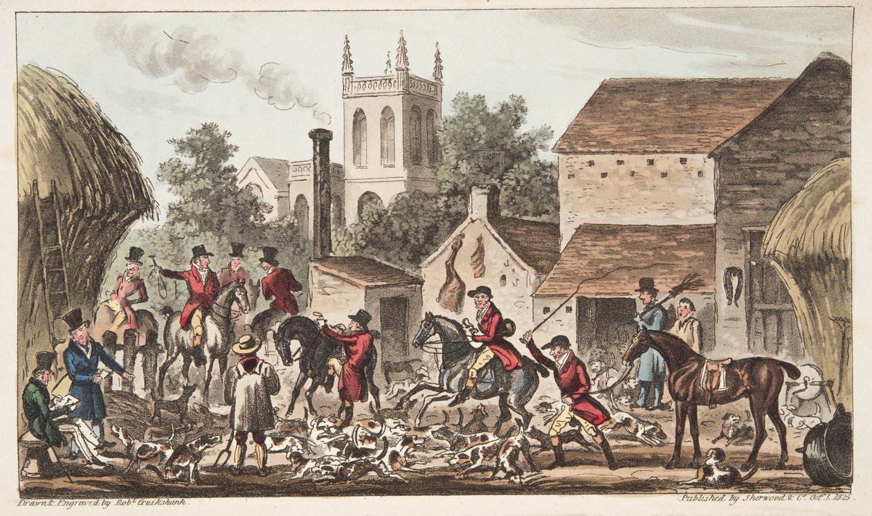 Går ut; En vy av Berkeley Hunt Kennel, från The English Spy publicerad 1824, (handfärgad gravyr) av Isaac Robert Cruikshank