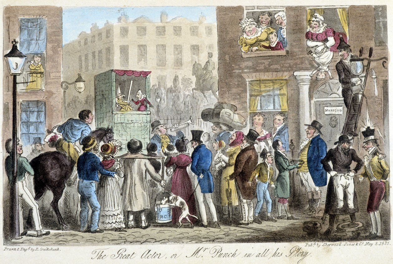 Guignol på Londons gator - i "" Den engelske spionen"" av C. Molloy Westmacott, ill. av Robert Gruikshand, Sherwood, London av Isaac Robert Cruikshank