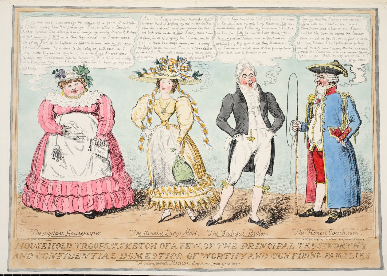 Hushållstrupper, eller en skiss över några av de främsta pålitliga och konfidentiella hemmen hos värdiga och förtroendefulla familjer, 1827 (handfärgad gravyr) av Isaac Robert Cruikshank