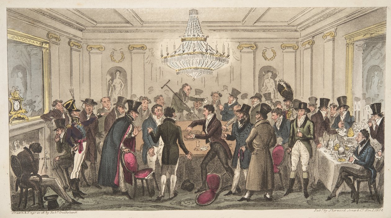 Interiör av ett modernt helvete - video. The Cogged Dice, från The English Spy, pub. 1824 (handfärgad gravyr) av Isaac Robert Cruikshank