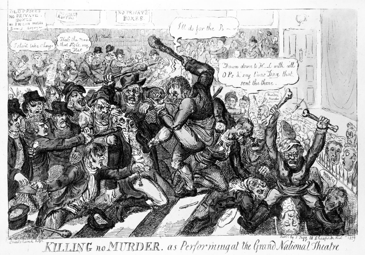 Killing no Murder, som optrædende på Grand National Theatre, 1809 swed av Isaac Robert Cruikshank