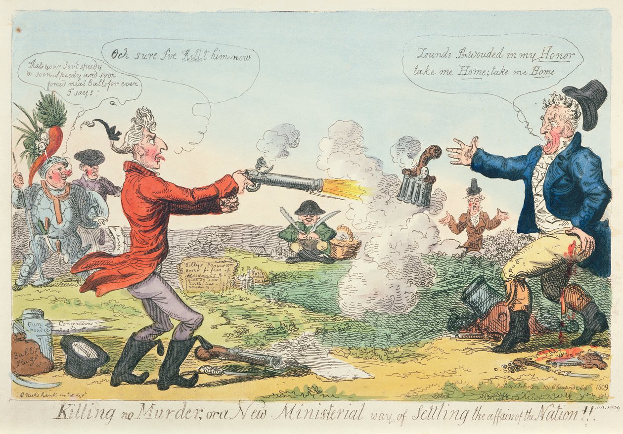 Killing no Murder, eller ett nytt ministeriellt sätt att lösa nationens angelägenheter!, 1809 (färgetsning) av Isaac Robert Cruikshank