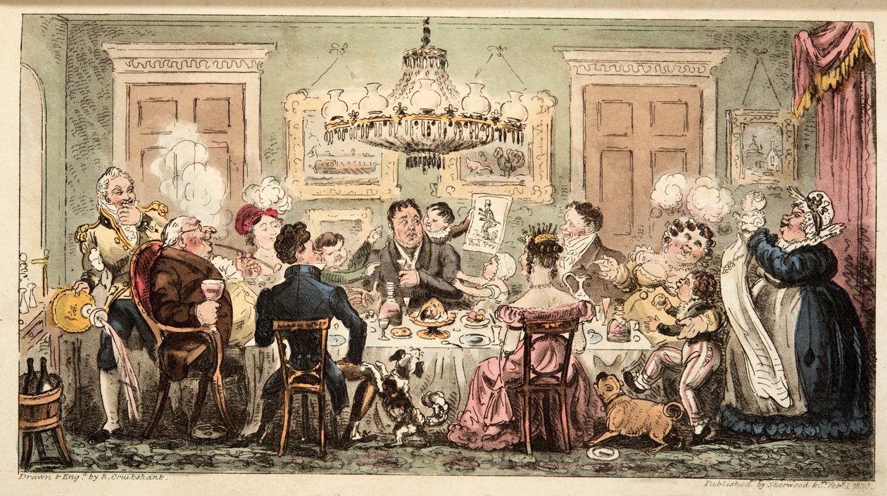 Liston and the Lambkins eller Citizens Dinner Party, från The English Spy, pub. 1824 (handfärgad gravyr) av Isaac Robert Cruikshank