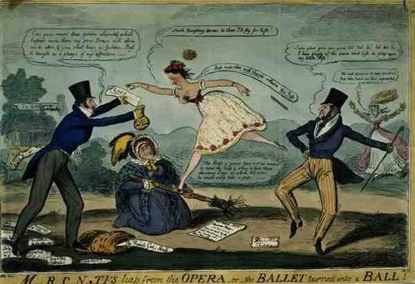 "M.RC.N...TI:s språng från operan, eller baletten förvandlas till en bal", pub. av G. Humphrey av Isaac Robert Cruikshank
