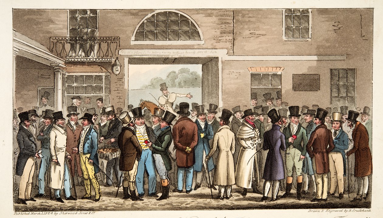 Måndag efter Great St Leger, eller Heroes of the Turf som betalar och tar emot på Tattersalls, från The English Spy, pub. 1824 (handfärgad gravyr) av Isaac Robert Cruikshank