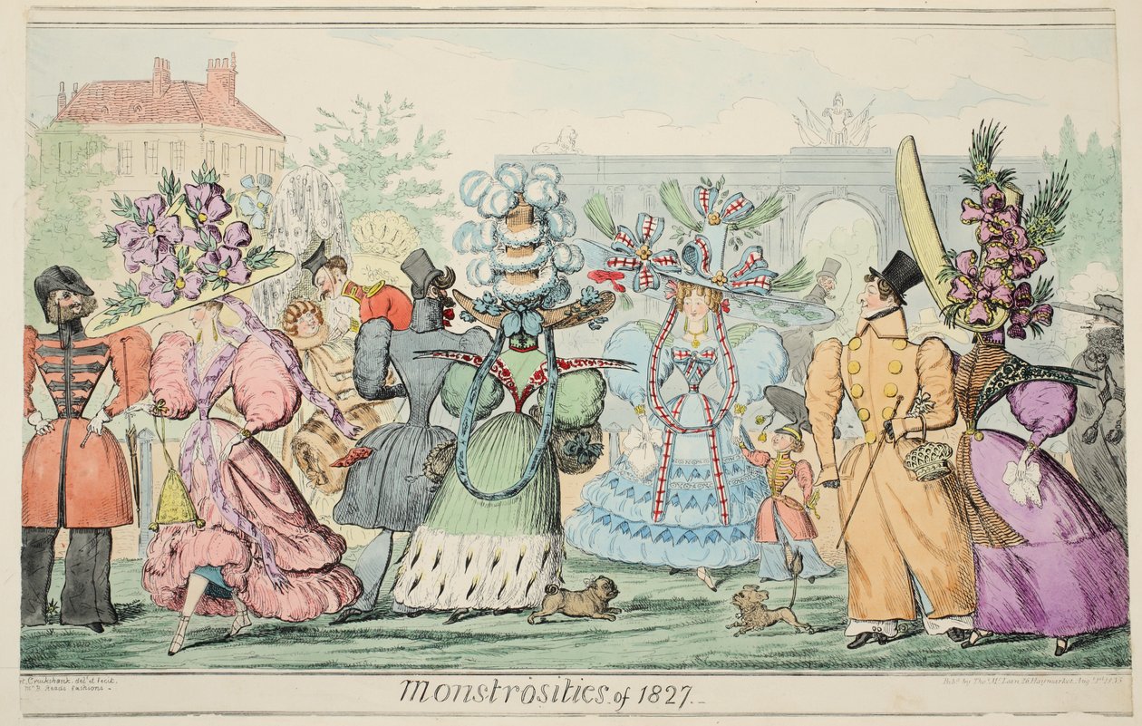 Monstrositeter 1827, pub. 1835 (handfärgad gravyr) av Isaac Robert Cruikshank
