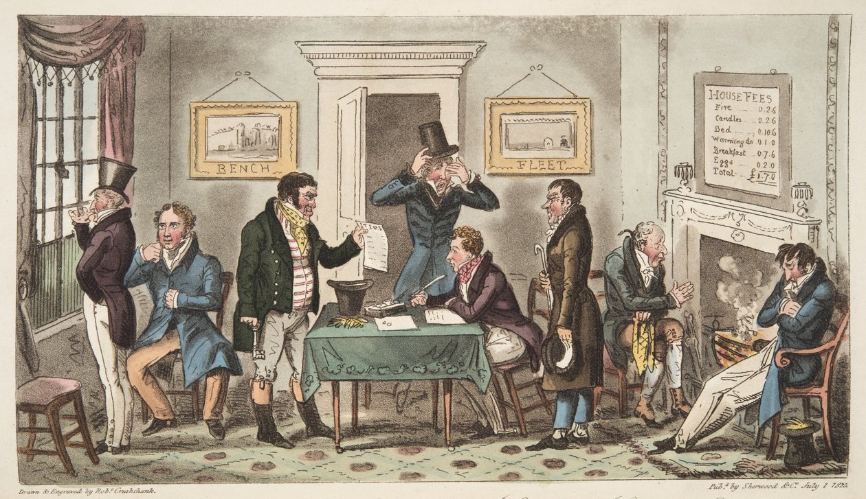 Morning and in Low Spirits, en Lock Up-scen i ett Spunging House, Carey Street, a bit of Good Truth, från The English Spy, publicerad London, 1824 av Isaac Robert Cruikshank