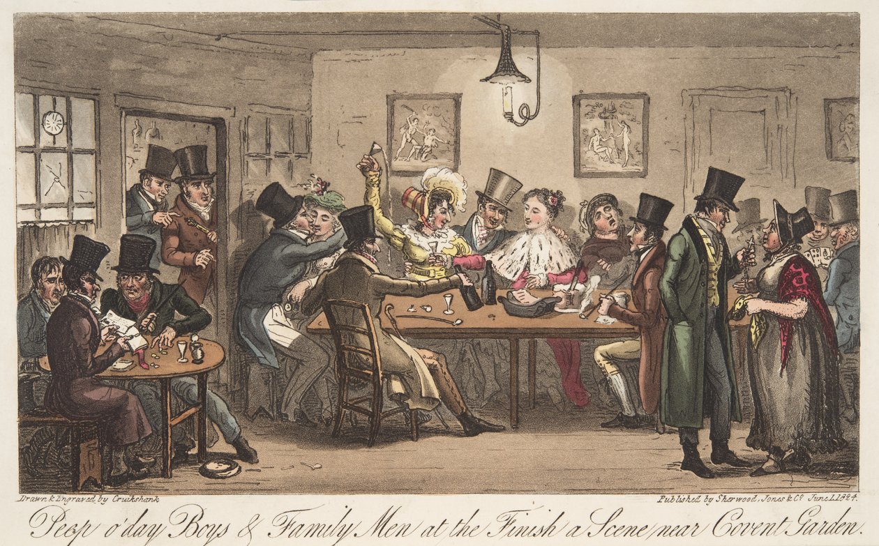 Peep ODays and Famiiy Men at the Finish, från The English Spy, pub. 1824 (handfärgad gravyr) av Isaac Robert Cruikshank