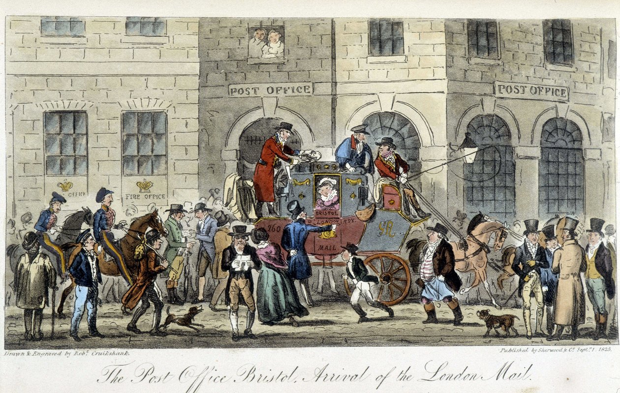 Post i London: The Post Office Bristol, Arrival of the London Mail - i "" The English Spy"" av Charles Molloy Westmacott, teckning av Robert Cruikshank, London-upplagan av Isaac Robert Cruikshank