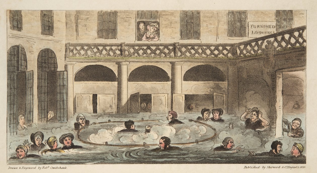 Offentligt bad i Bath eller Strewing Alive, från The English Spy, pub. 1824 (handfärgad gravyr) av Isaac Robert Cruikshank