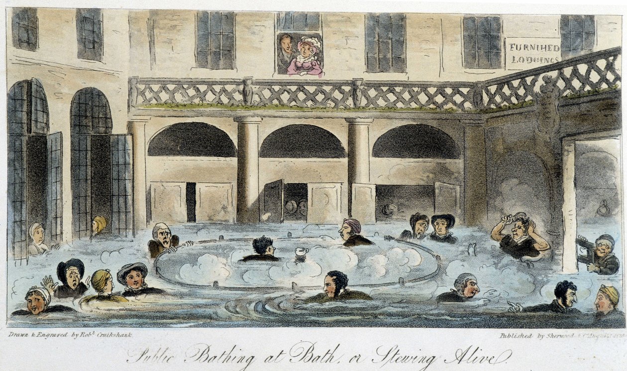 Public bath i London - i "The English Spy" av Charles Molloy Westmacott, teckning av Robert Cruikshank, London-upplagan av Isaac Robert Cruikshank