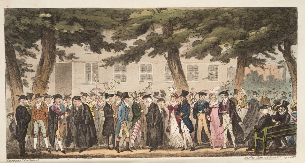 Show Sunday, A View in the Broad Walk, Christ Church Meadows, Oxford, från The English Spy, pub. 1824 (handfärgad gravyr) av Isaac Robert Cruikshank