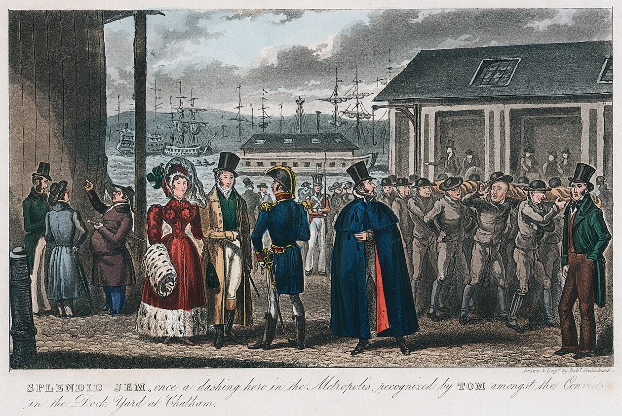Splendid Jem bland fångarna i Naval Dock Yard i Chatham, Kent, 1821 av Isaac Robert Cruikshank