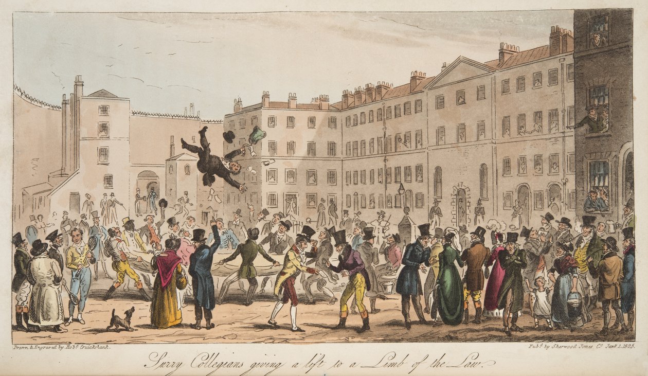 Surrey Collegians ger ett lyft till a Limb of the Law, från The English Spy, publicerad London, 1824 av Isaac Robert Cruikshank
