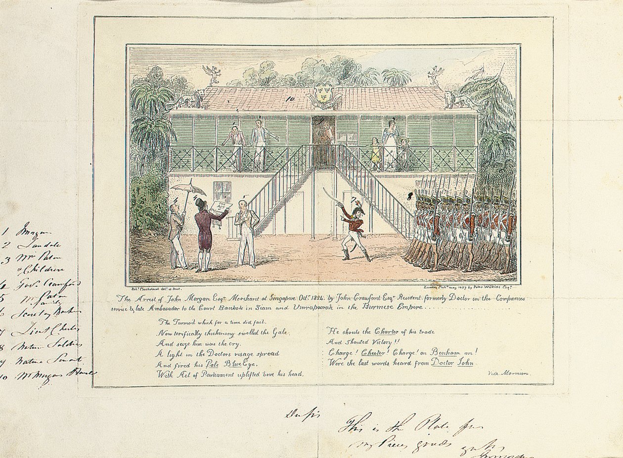 The Arrest of John Morgan, Esq., Merchant, Singapore, oktober 1824, av John Crawford Esq., Resident, Formerly Doctor on the Companies Service, Late Ambassador to Court, Bangkok, Siam, och Umrapoorah, Burmese Empire, maj 1827 av Isaac Robert Cruikshank