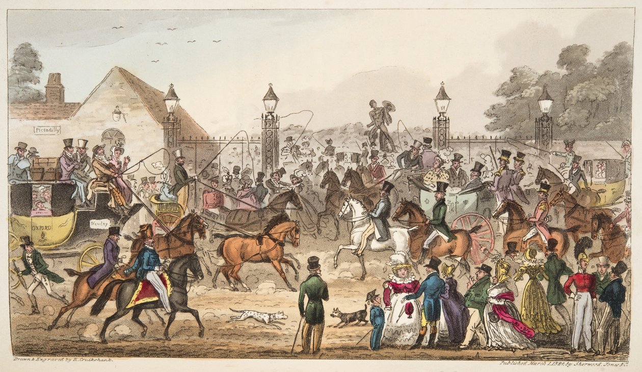 The Arrival, eller Western Entrance into Cockney Land, från The English Spy publicerad 1824, (handfärgad gravyr) av Isaac Robert Cruikshank