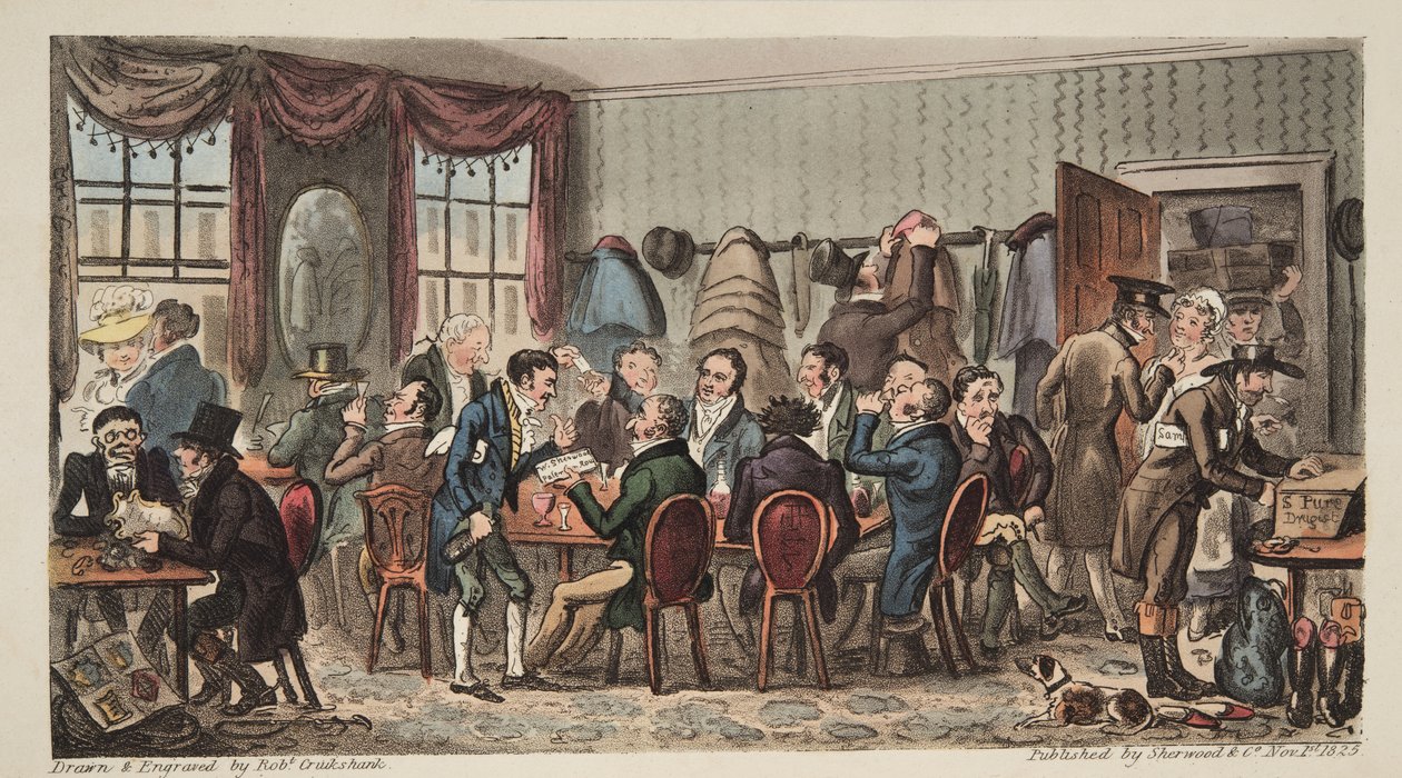 The Bags, Mens Bankett på Bell Inn, Cheltenham, från The English Spy, pub. 1824 (handfärgad gravyr) av Isaac Robert Cruikshank