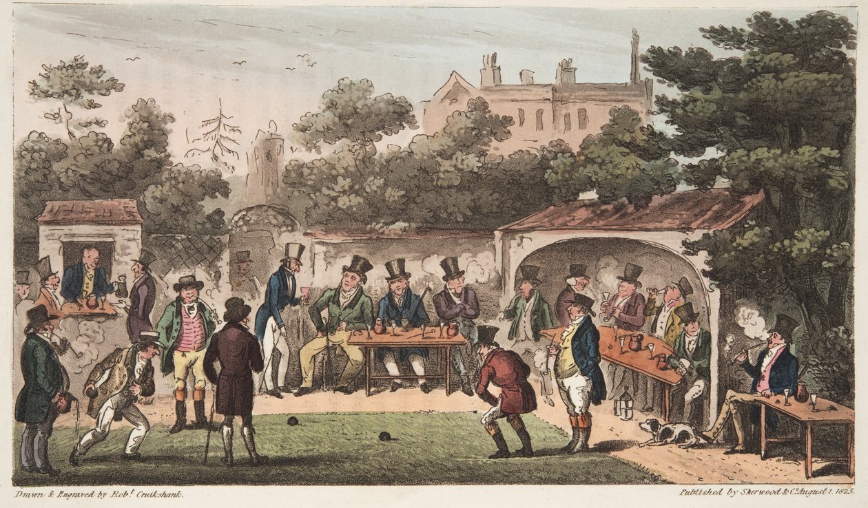 The Bowling Alley, Worcester, eller Characters of the Hand and Glove Club, från The English Spy, publicerad London, 1824 (handfärgad gravyr) av Isaac Robert Cruikshank