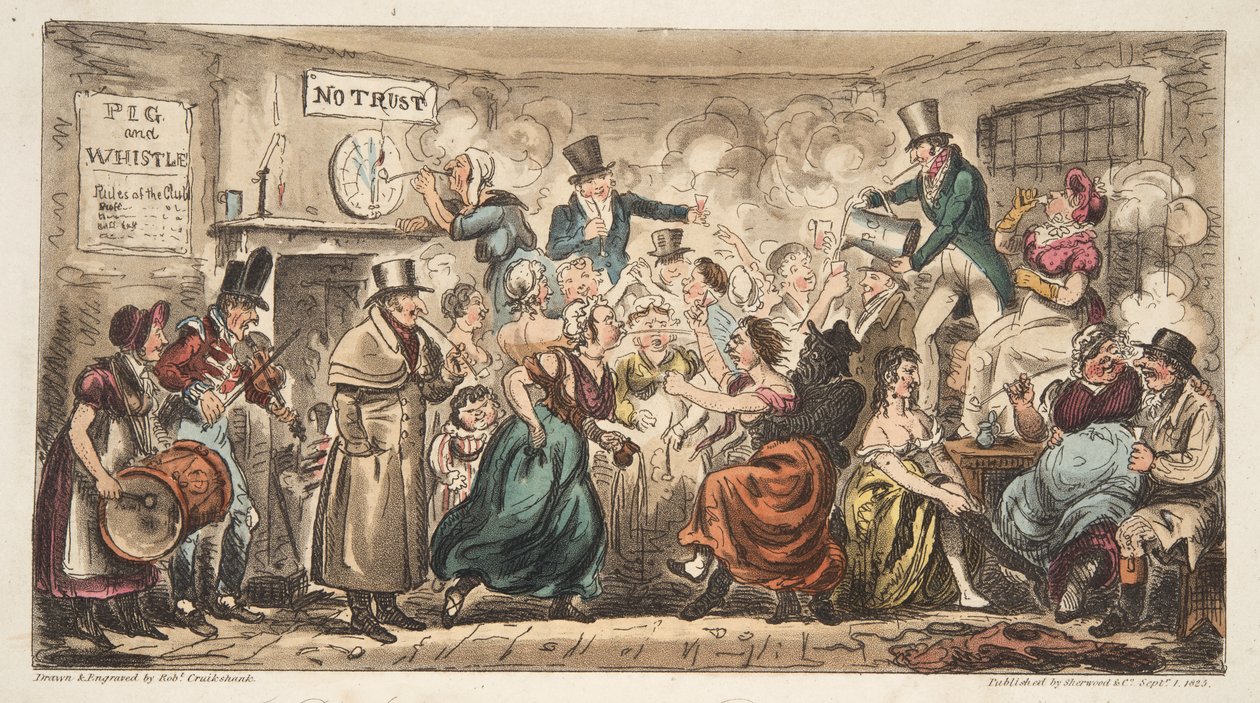 The Buff Club på Pig and Whistle, Avon Street, Bath, från The English Spy, pub. London, 1824 (handfärgad gravyr) av Isaac Robert Cruikshank