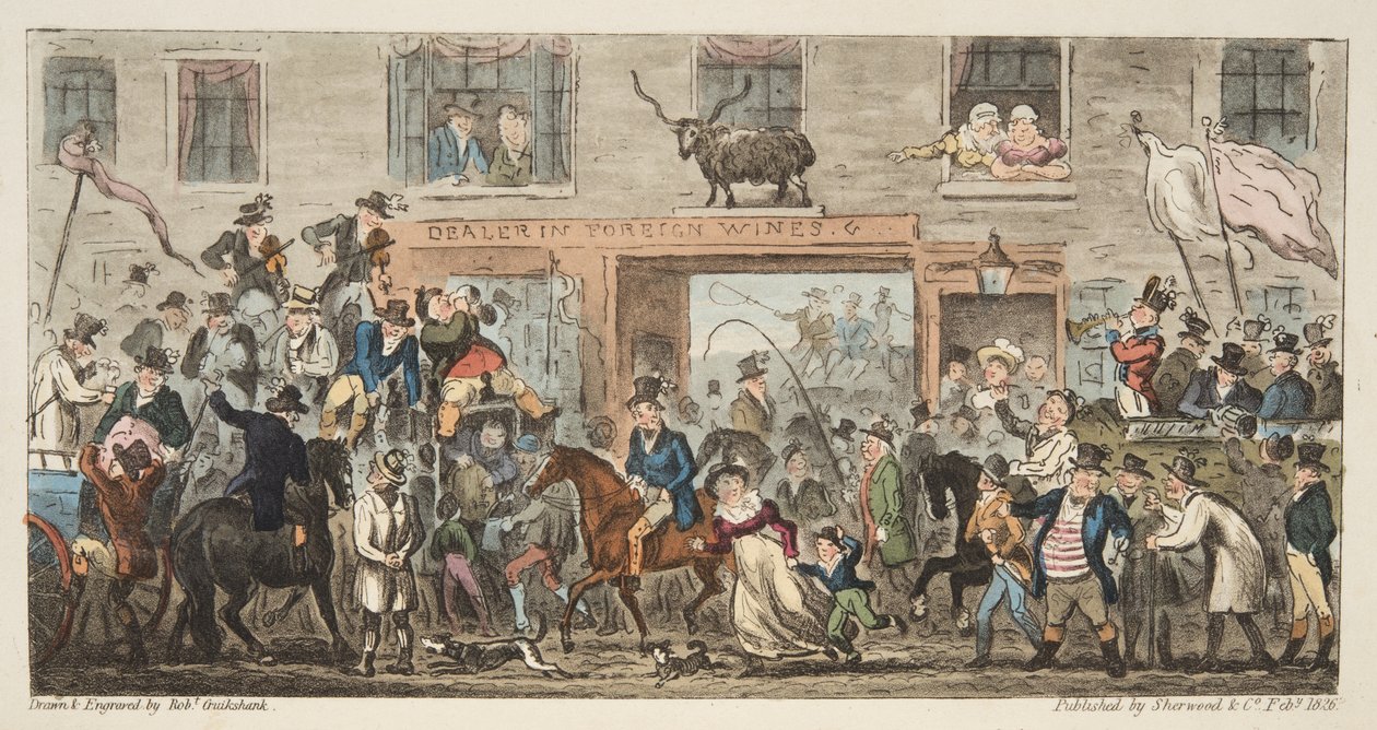 Den komiska processionen från The English Spy, pub. 1824 (handfärgad gravyr) Gloucester till Berkeley, från The English Spy, pub. 1824 (handfärgad gravyr) av Isaac Robert Cruikshank