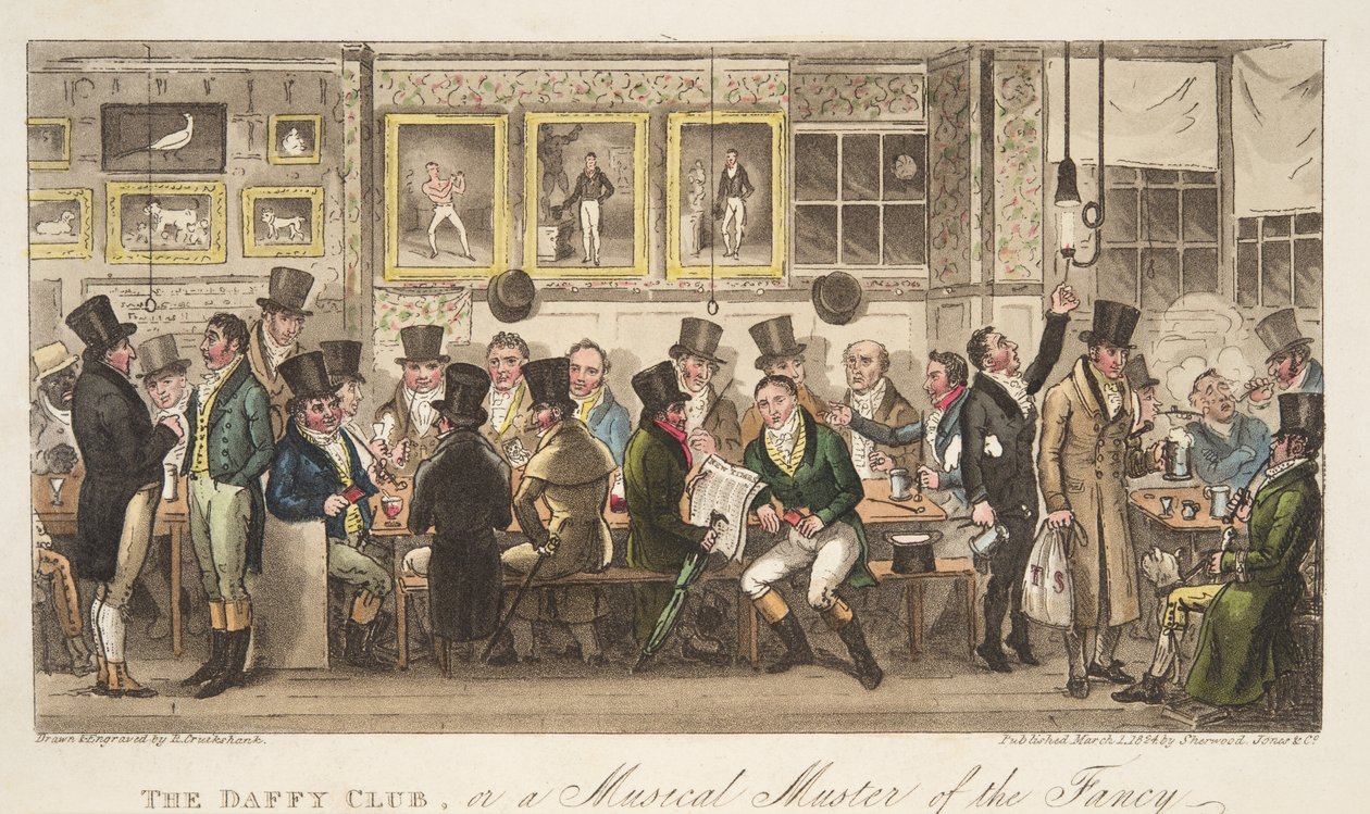 The Daffy Club, eller en musikalisk samling av fancy, från The English Spy, pub. 1824 (handfärgad gravyr) av Isaac Robert Cruikshank