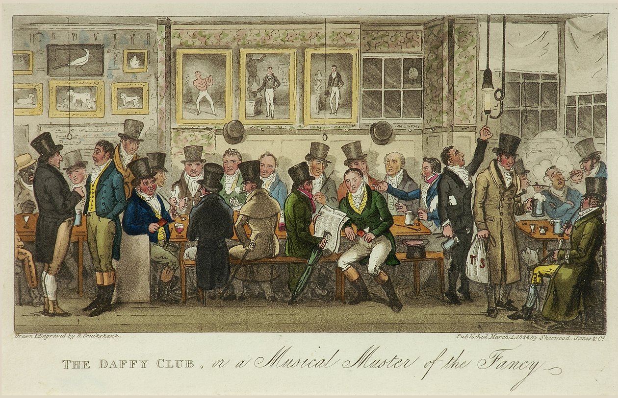 The Daffy Club, or a Musical Muster of the Fancy, publicerad 1824 (litho i färg) av Isaac Robert Cruikshank