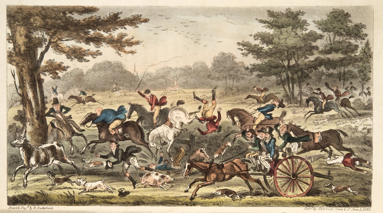 The Epping Hunt, eller Cockney Comicalities i full Chase, från The English Spy, pub. 1824 (handfärgad gravyr) av Isaac Robert Cruikshank