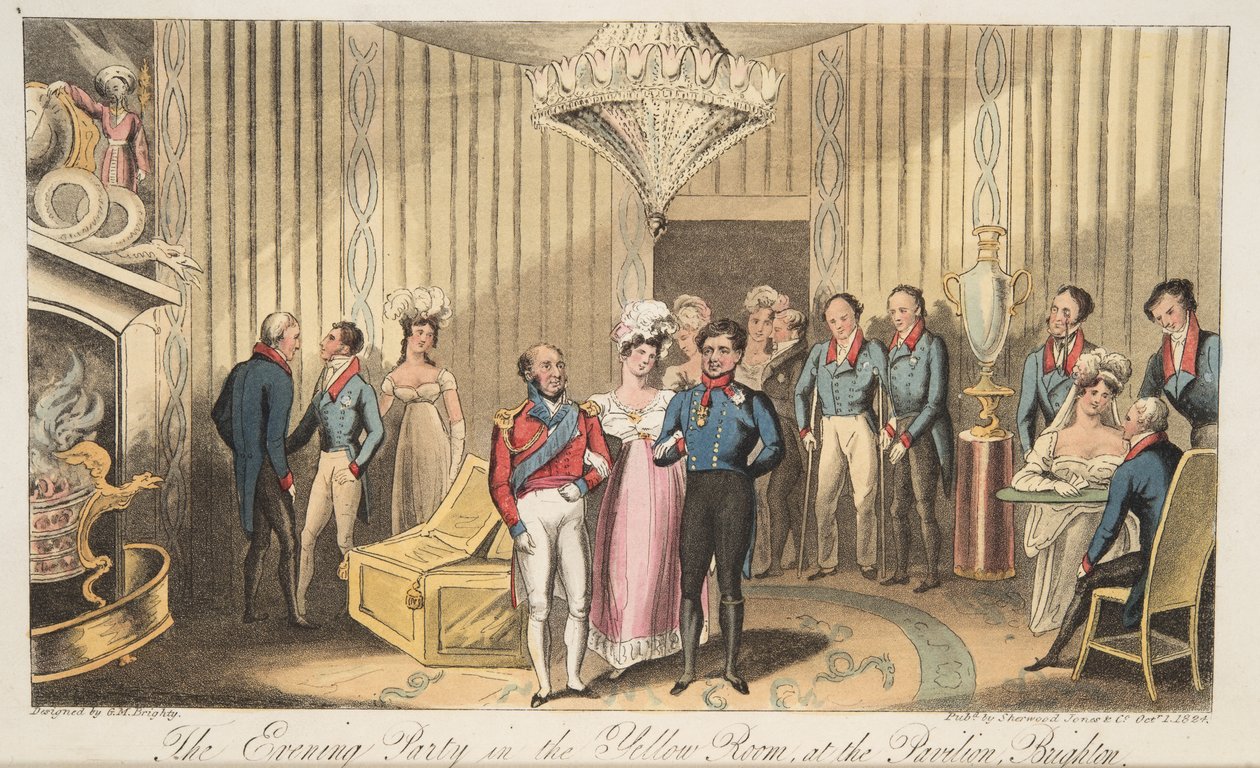 The Evening Party at the Pavilion, Brighton, från The English Spy, pub. 1824 (handfärgad gravyr) av Isaac Robert Cruikshank