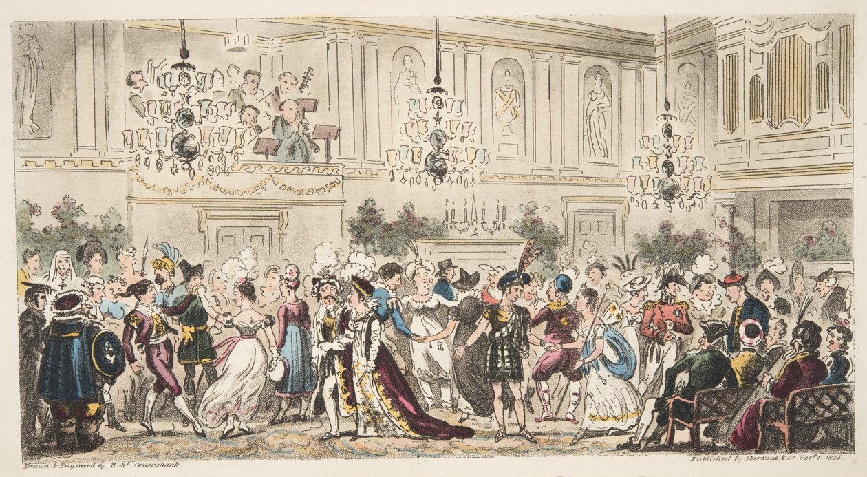 The Fancy Ball at the Upper Rooms, Bath, från The English Spy, publicerad London, 1824 av Isaac Robert Cruikshank