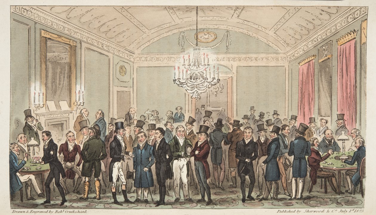 The Great Subscription Room på Brookes, från The English Spy, pub. 1824 (handfärgad gravyr) av Isaac Robert Cruikshank