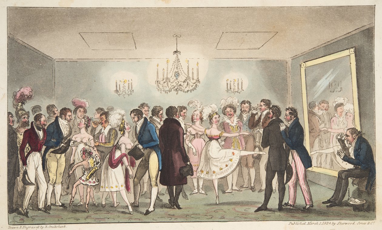 The Green Room of the Kings Theatre, eller ädla amatörer som tittar på Foreign Curiosities, från The English Spy, pub. 1824 (handfärgad gravyr) av Isaac Robert Cruikshank
