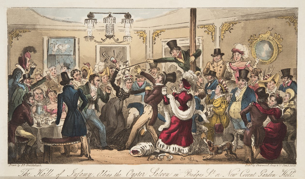 The Hall of Infamy, alias Oyster Saloon i Brydges-Street, eller New Covent Garden Hell, från The English Spy, pub. 1824 (handfärgad gravyr) av Isaac Robert Cruikshank