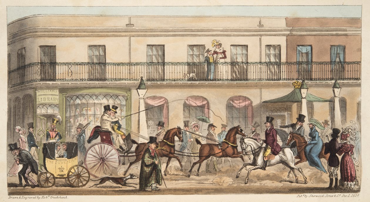 The High Street, Cheltenham, från The English Spy, pub. 1824 (handfärgad gravyr) av Isaac Robert Cruikshank