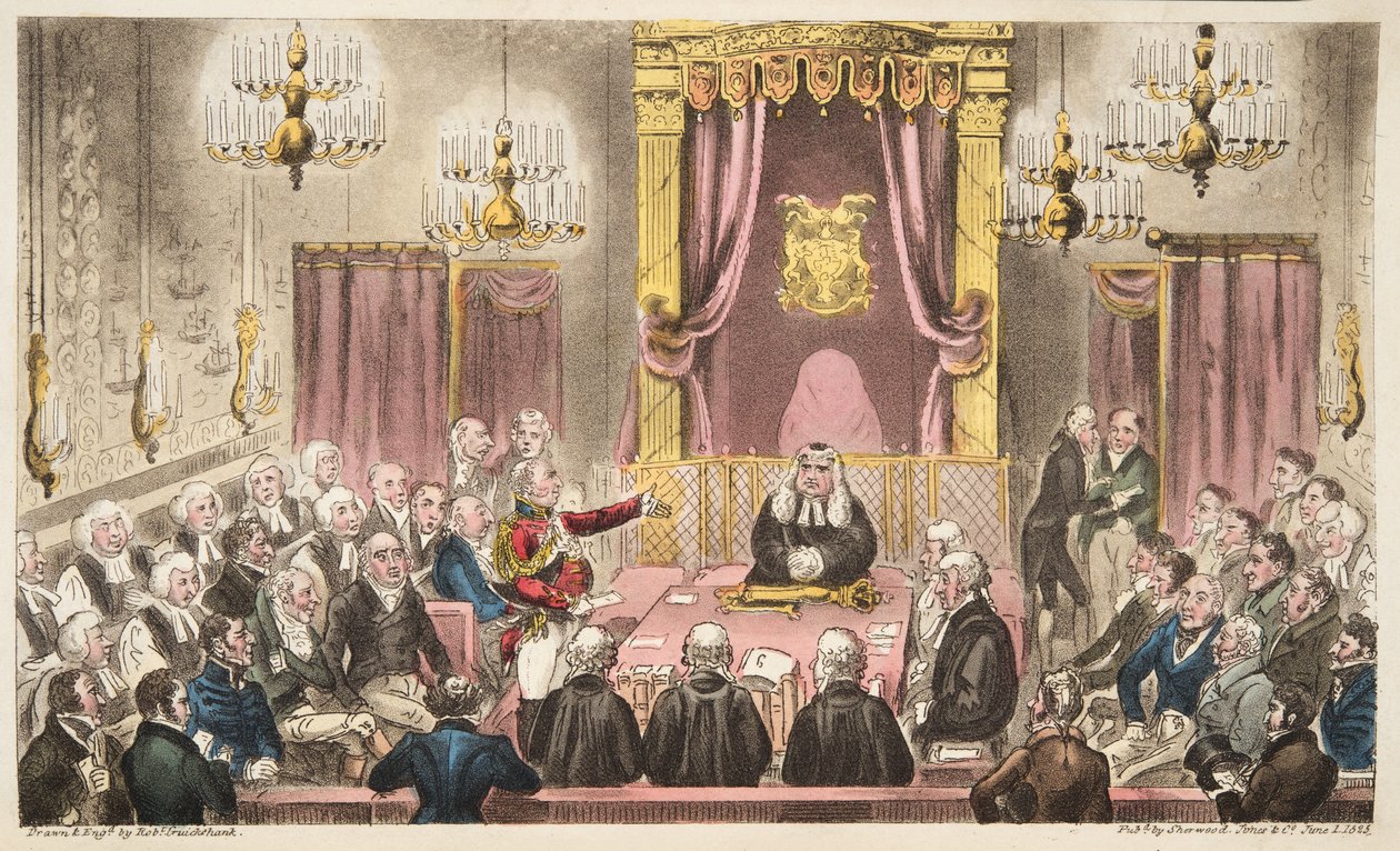 The House of Lords in High Debate, från The English Spy, pub. 1824 (handfärgad gravyr) av Isaac Robert Cruikshank