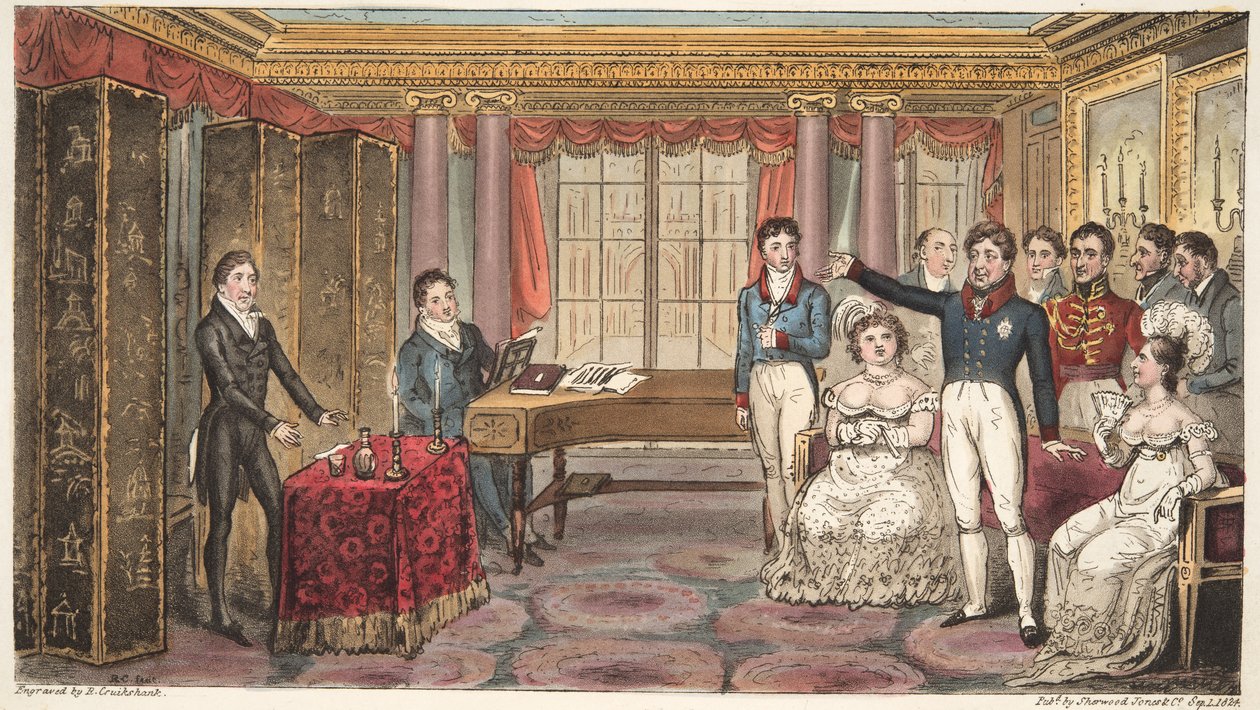 The King at Home, eller Mathews at Carlton House, från The English Spy, av Charles Westmacott, publicerad 1824 (handfärgad gravyr) av Isaac Robert Cruikshank