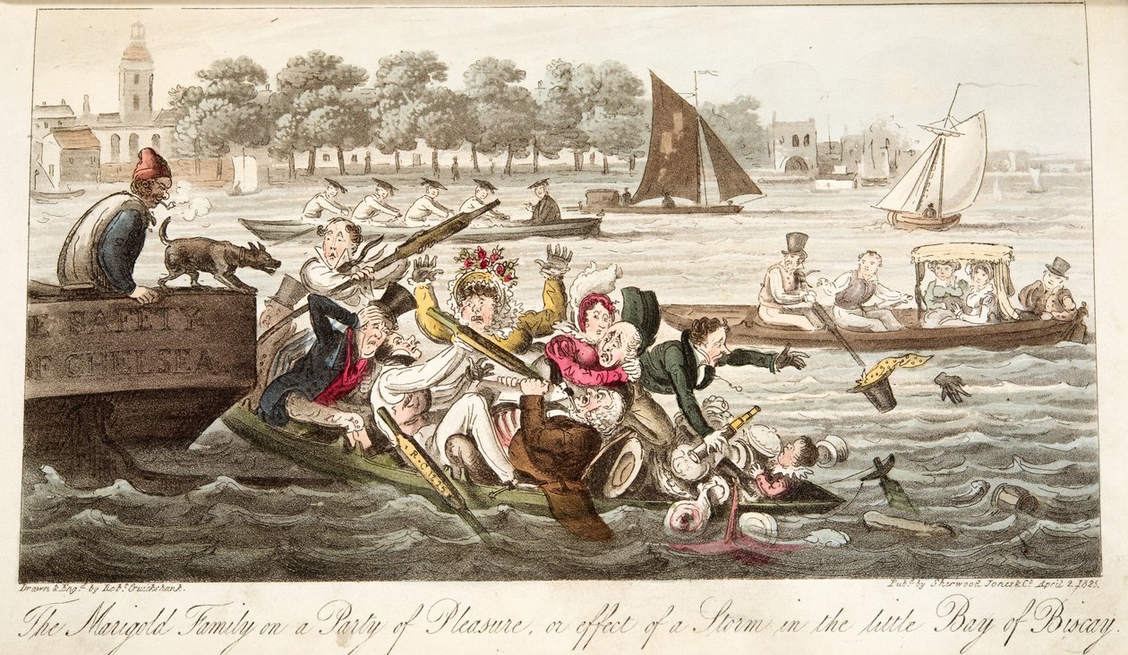 Marigold Family on a Party of Pleasure, eller effekten av en storm i den lilla Biscayabukten, från The English Spy, pub. 1824 (handfärgad gravyr) av Isaac Robert Cruikshank
