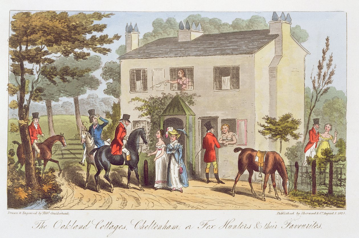 Oakland Cottages, Cheltenham eller Fox Hunters and their Favourites, från "The English Spy", av Charles Westmacott, publicerad 1825 av Isaac Robert Cruikshank