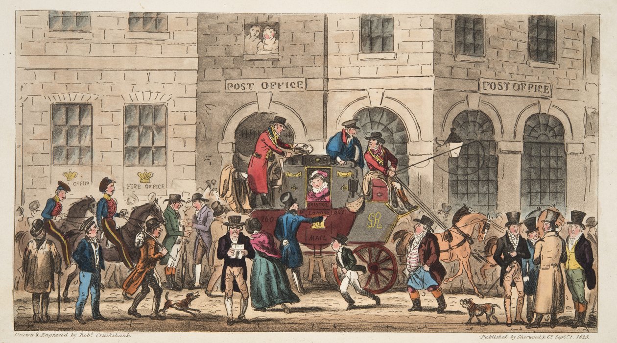 The Post Office Bristol, Arrival of the London Mail, från The English Spy, publicerad London, 1824 av Isaac Robert Cruikshank