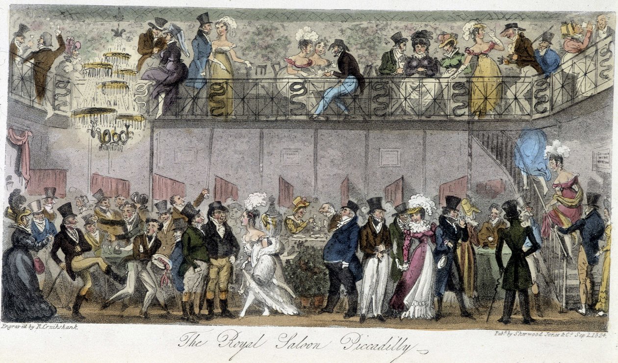 The Royal Saloon Piccadilly - i "" The English Spy"" av Charles Molloy Westmacott, teckning av Robert Cruikshank, London Edition av Isaac Robert Cruikshank