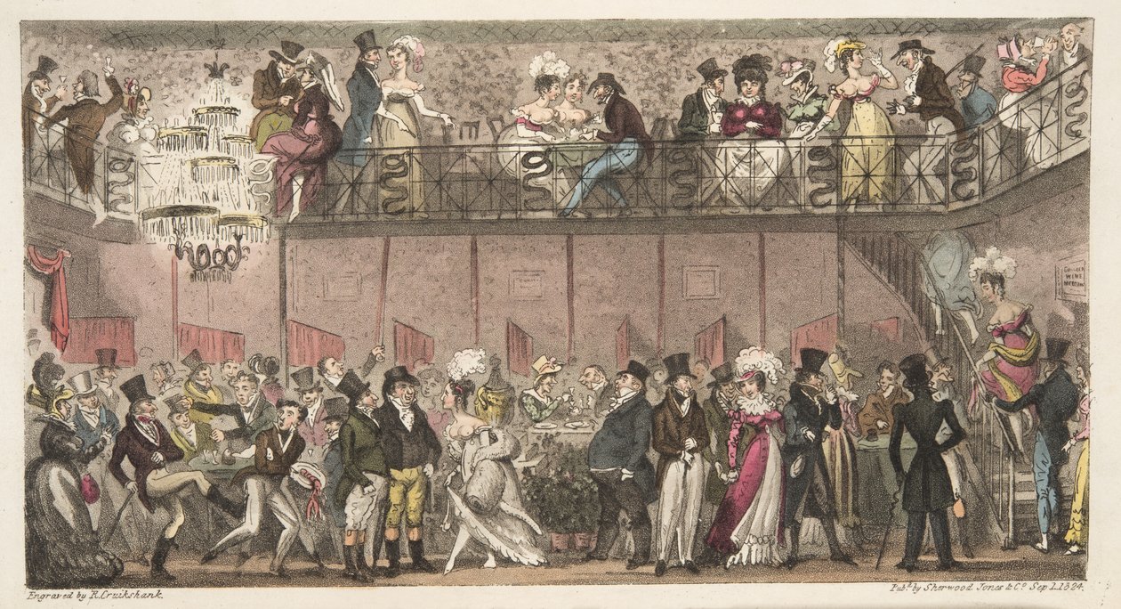 The Royal Saloon, Piccadilly, or an Hour after the Opera, från The English Spy publicerad 1824 (handfärgad gravyr) av Isaac Robert Cruikshank