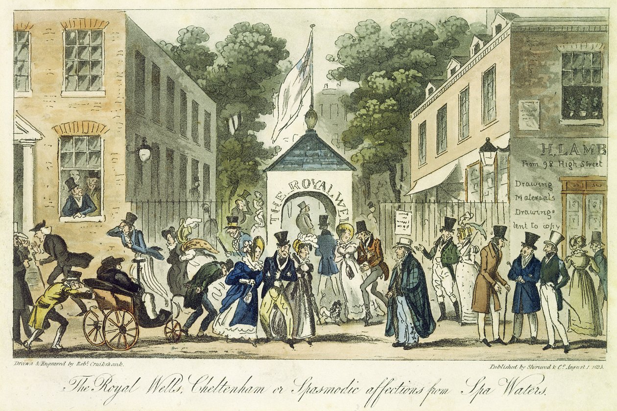 The Royal Wells, Cheltenham eller Spasmodic Affections for Spa Water, 1825 av Isaac Robert Cruikshank