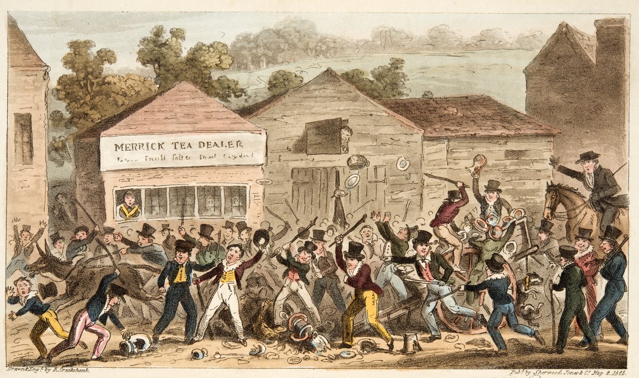 The Tea Pot Row at Harrow, eller Battle of Hog Lane, från The English Spy, pub. 1824 (handfärgad gravyr) av Isaac Robert Cruikshank