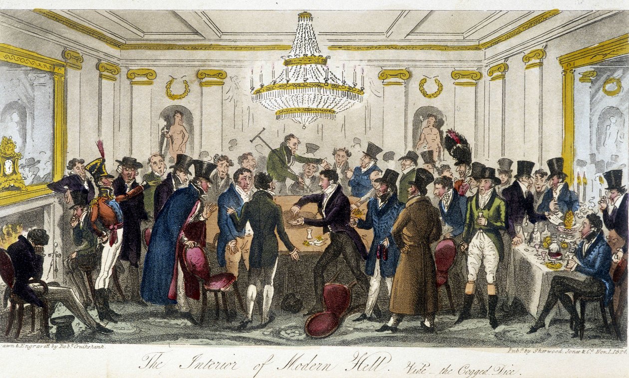 Interiören i Modern Hall - i "" The English Spy"" av Charles Molloy Westmacott, teckning av Robert Cruikshank, London Edition av Isaac Robert Cruikshank