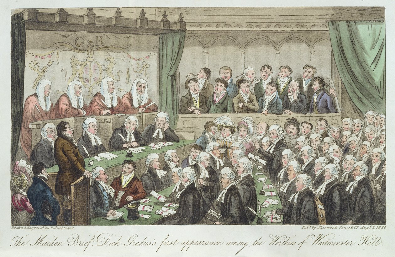 The maiden brief, Dick Gradus första framträdande bland de värdaste i Westminster Hall, publicerad 1824. av Isaac Robert Cruikshank