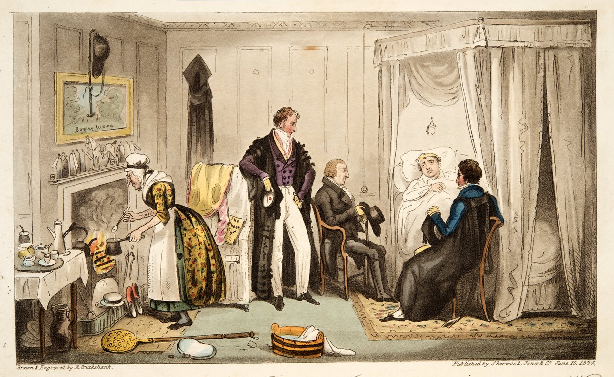 Tom Echo lade sig med Headington-febern eller en Oxonian mycket nära muren, från The English Spy, publicerad London, 1824 (handfärgad gravyr) av Isaac Robert Cruikshank