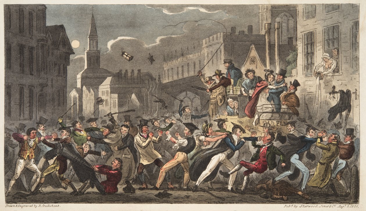 Town and Gown, från The English Spy, pub. 1824 (handfärgad gravyr) av Isaac Robert Cruikshank