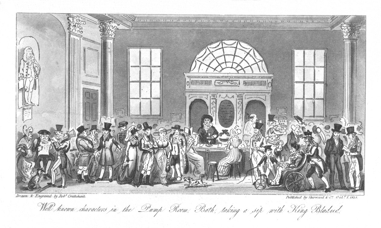 Välkända karaktärer i pumprummet, Bath, tar en klunk med kung Bladud, 1825 av Isaac Robert Cruikshank