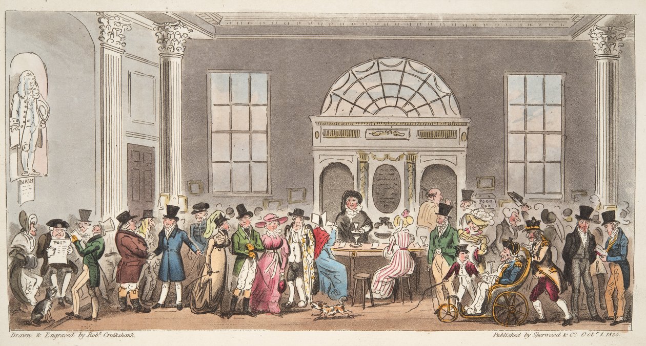 Välkända besökare till Pump Room, Bath, tar en klunk med King Bladud, från The English Spy, pub. 1824 (handfärgad gravyr) av Isaac Robert Cruikshank