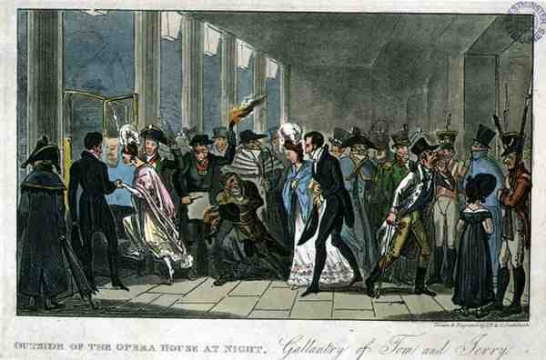 Utanför operahuset på natten: Gallantry of Tom and Jerry, från "Life in London" av Pierce Egan av Isaac Robert and George Cruikshank