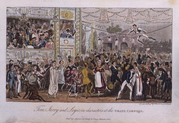 Tom, Jerry och Logic i karaktärer på Grand Carnival, från "Life in London" av Pierce Egan av Isaac Robert and George Cruikshank